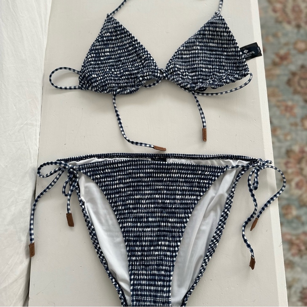 Sperry navy and white two piece bikini with ties.